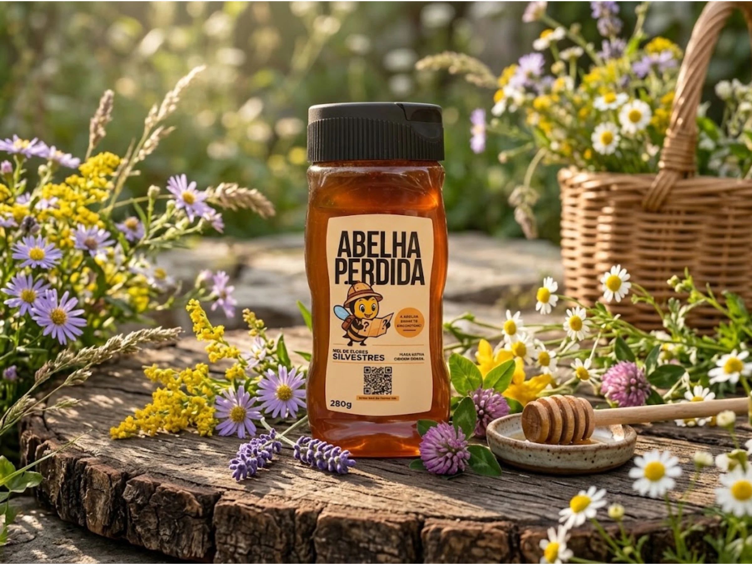Bisnaga de 280 g do Mel de Flores Silvestres Abelha Perdida sobre madeira, com flores ao redor